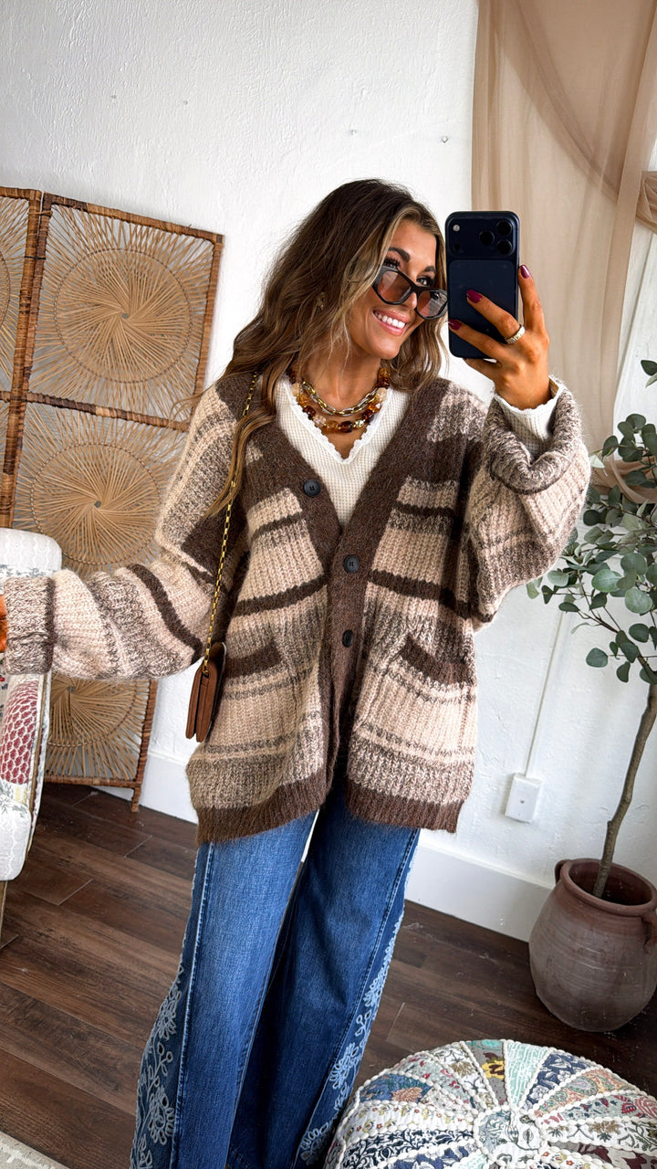 Cozy Contrast Knit Sweater, Choco Multi