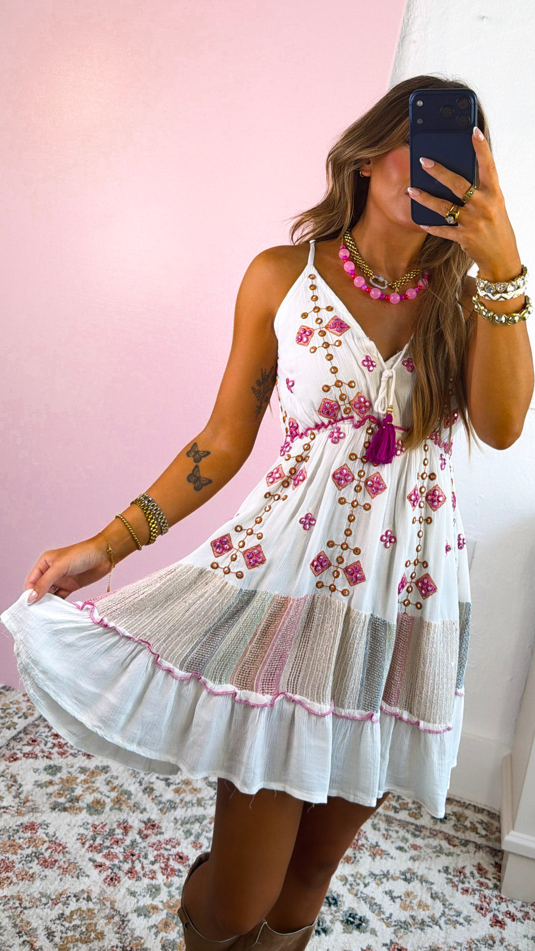 Golden Spring Mini Dress, Ivory