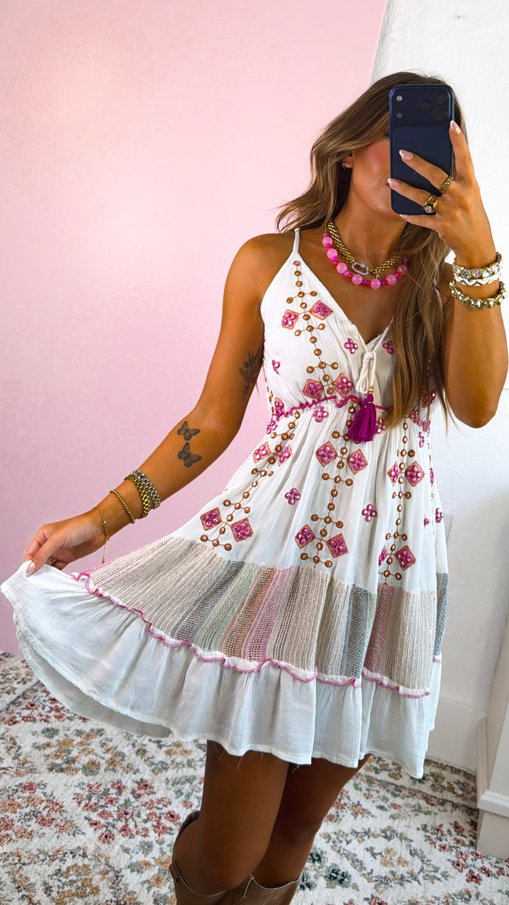 Golden Spring Mini Dress, Ivory
