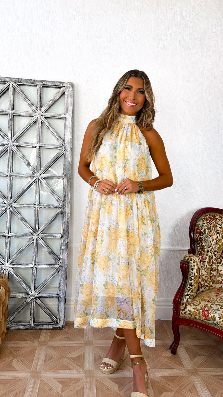 Happiest Year Floral Halter Dress, Ivory/Yellow
