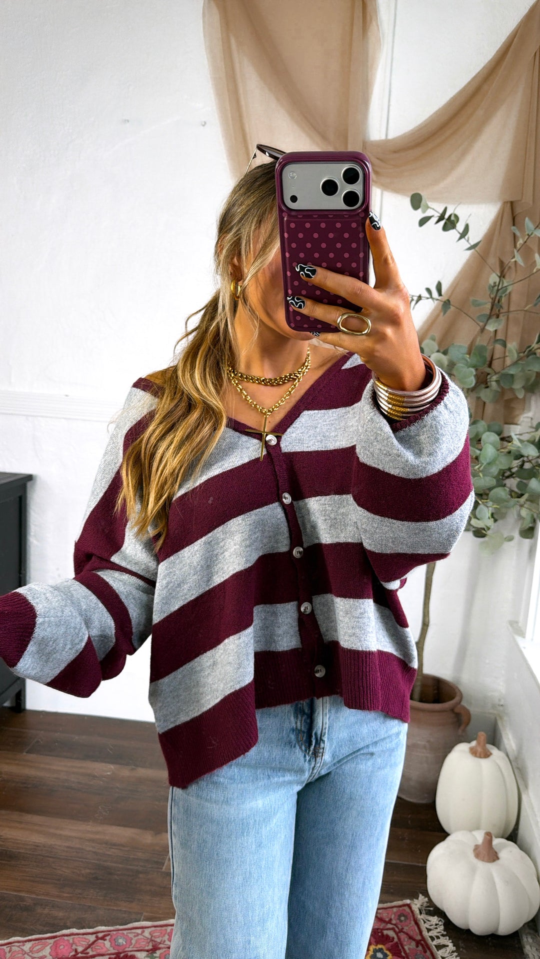 V-Neck Stripe Cardigan, Burgundy/ Grey