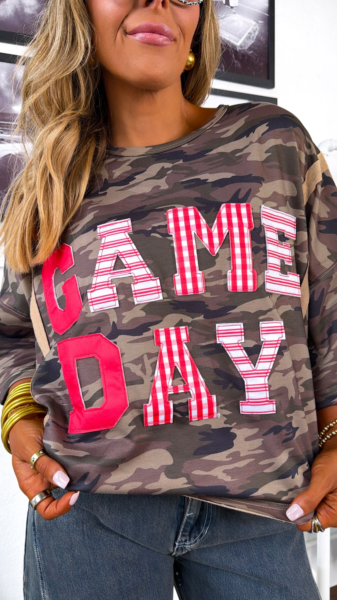 Game Day Washed Camo Loose Fit Sweatshirt Top, Camo/Red