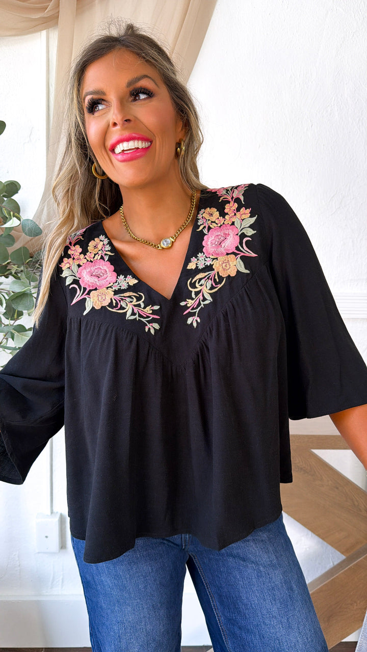 V-Split Embroidered Blouse, Black/Dusty Rose