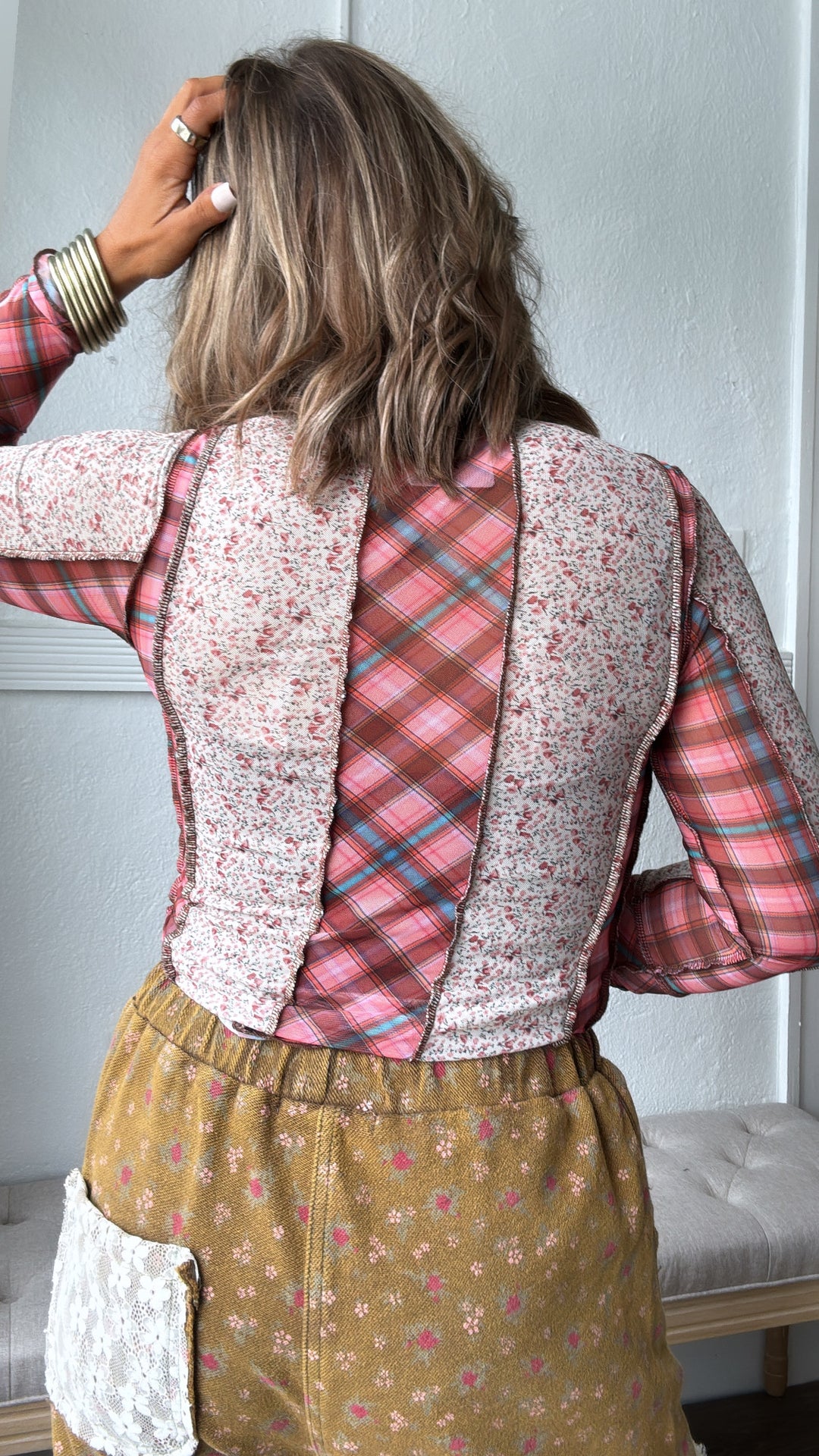 Ditsy Darling Plaid Mesh Top, Brick