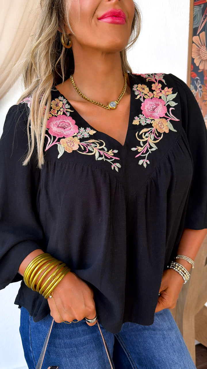 V-Split Embroidered Blouse, Black/Dusty Rose