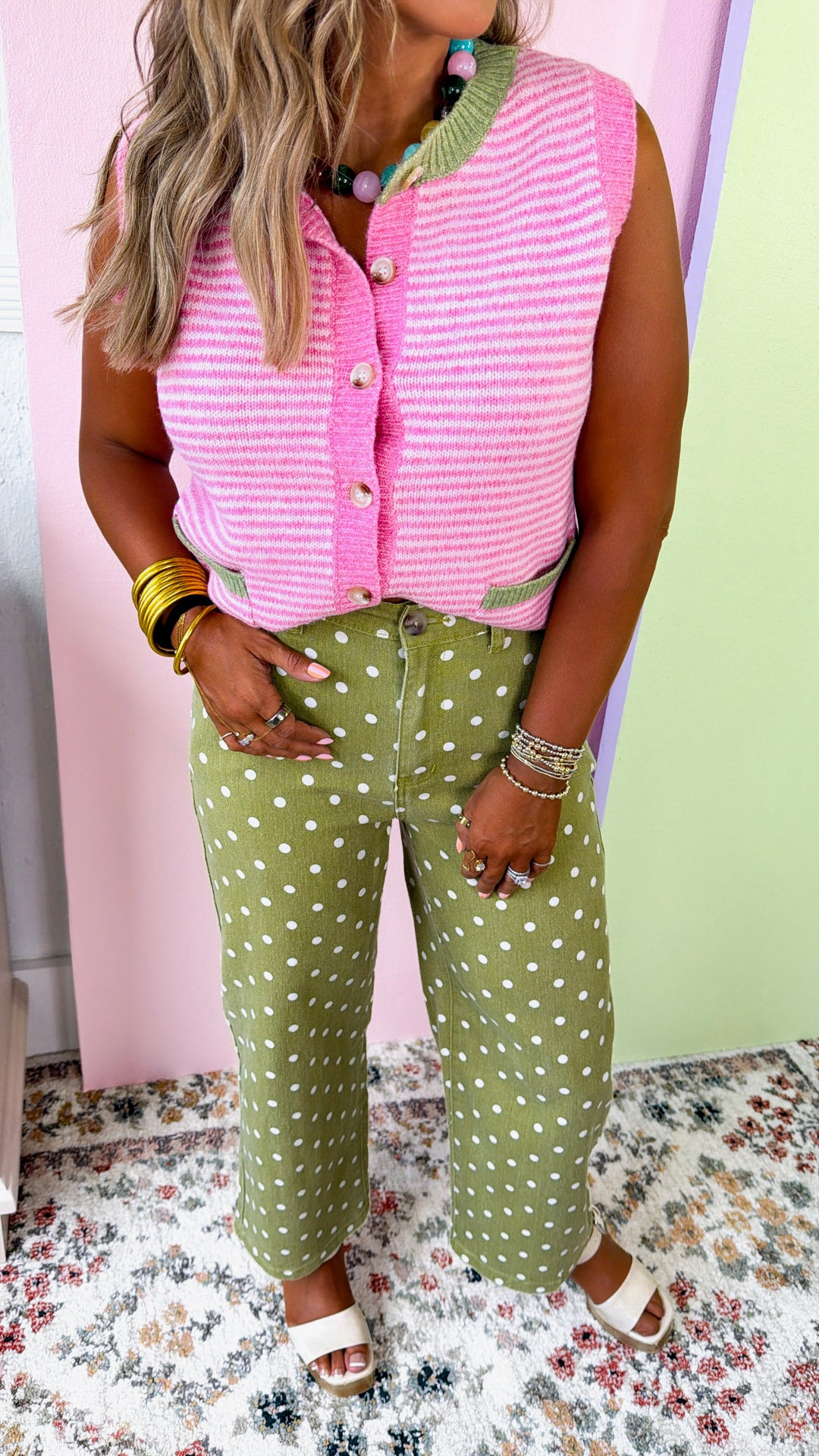 Pink Sugar Knit Sweater Tank, Pink/ Blush/ Lime