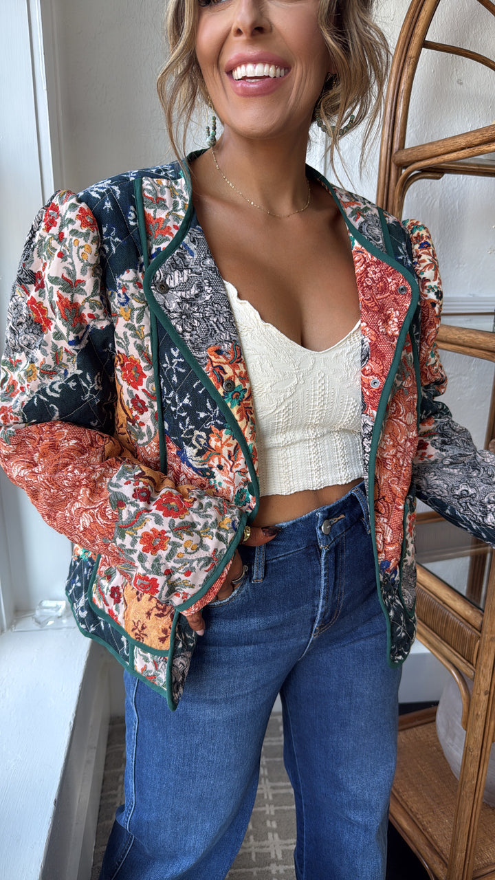 Dream in Patterns Quilted Patchwork Jacket, Navy