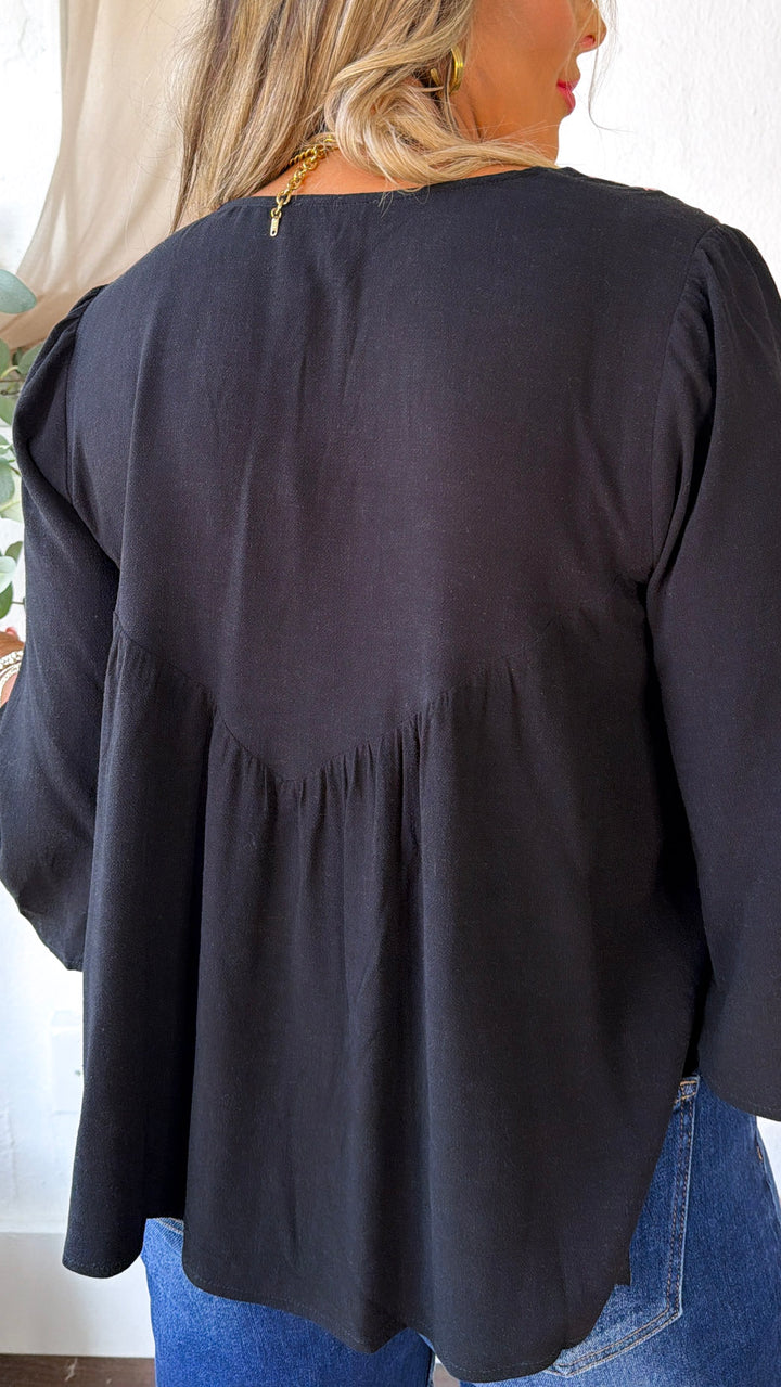 V-Split Embroidered Blouse, Black/Dusty Rose
