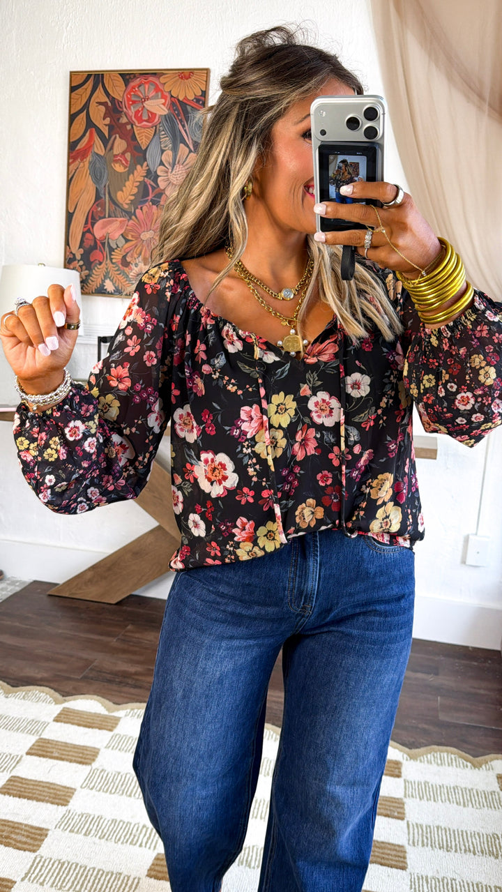 Beauty Floral Blouse, Black/Dusty Rose