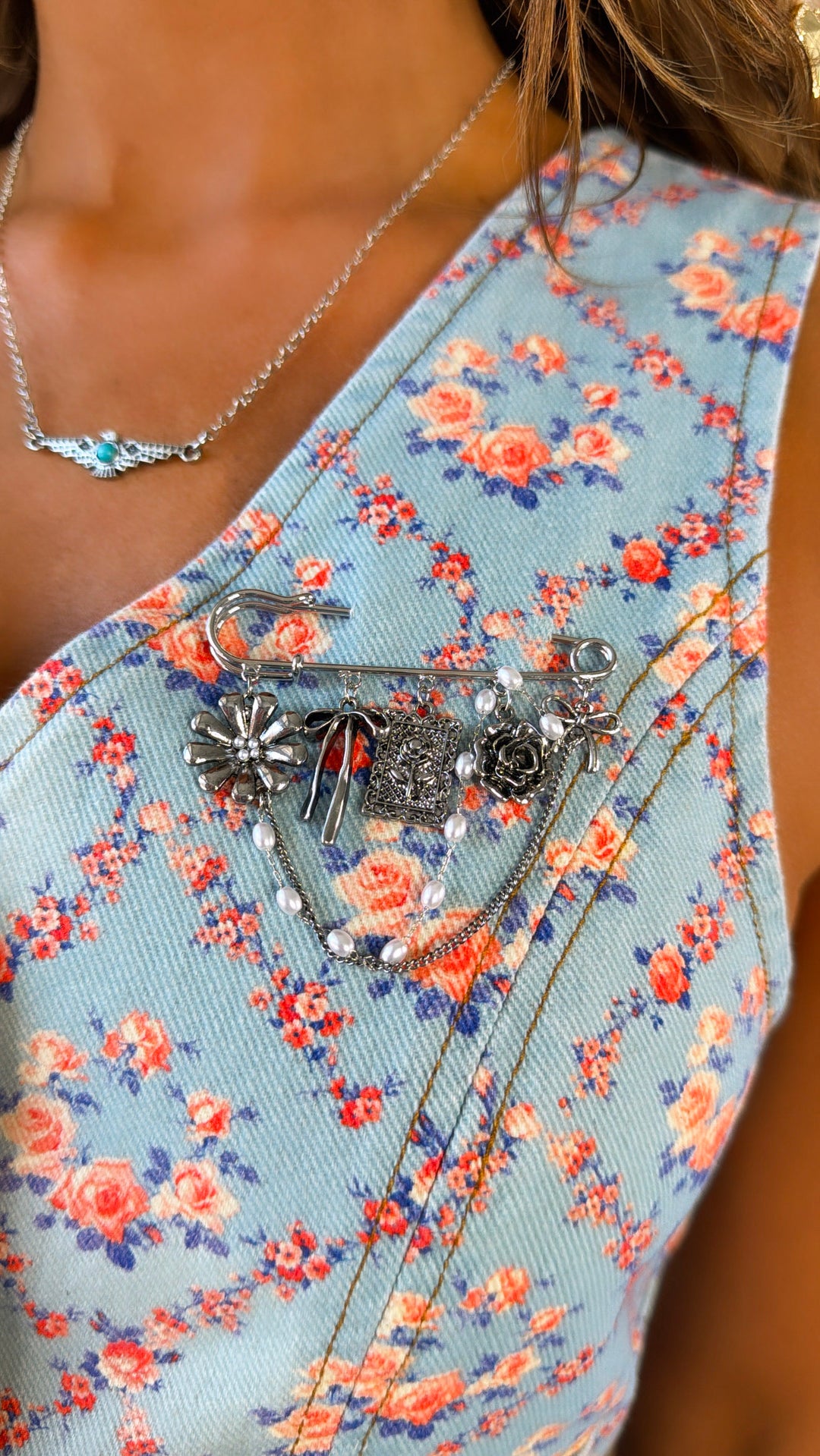 Dusty Florals Denim Vest, Blue/ Coral