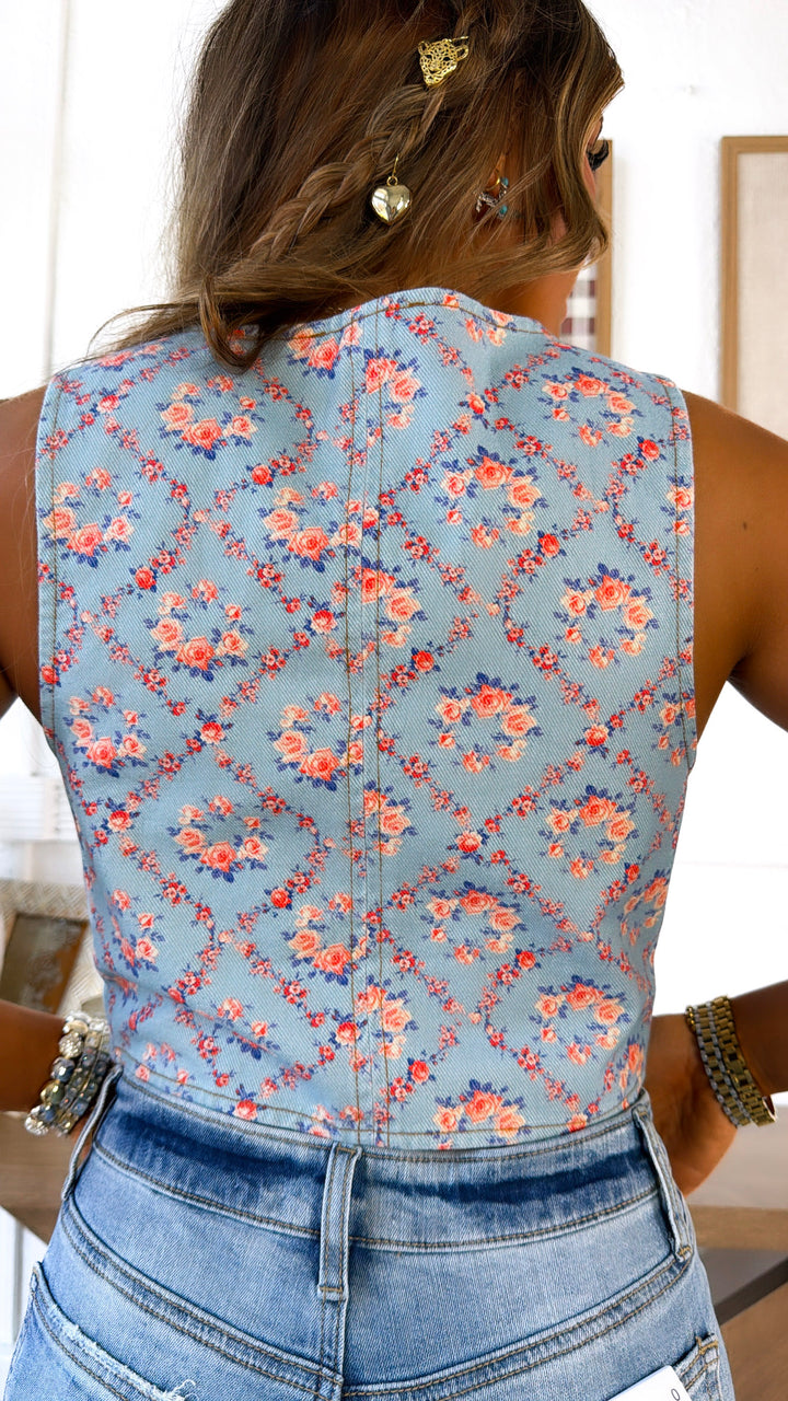 Dusty Florals Denim Vest, Blue/ Coral