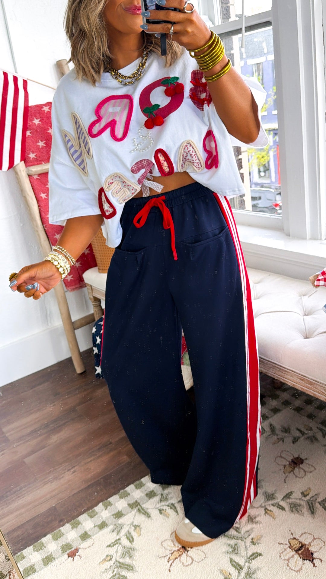 Red & White Stripe Track Pant, Navy