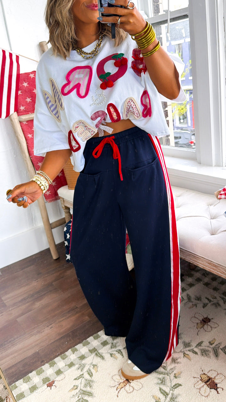 Red & White Stripe Track Pant, Navy