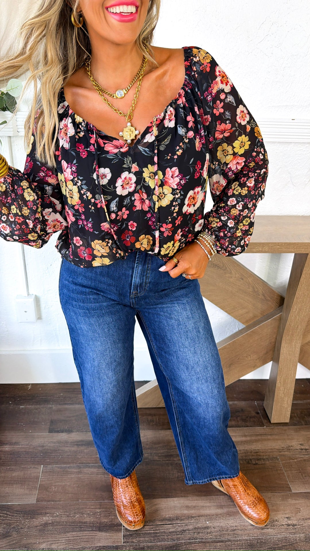 Beauty Floral Blouse, Black/Dusty Rose