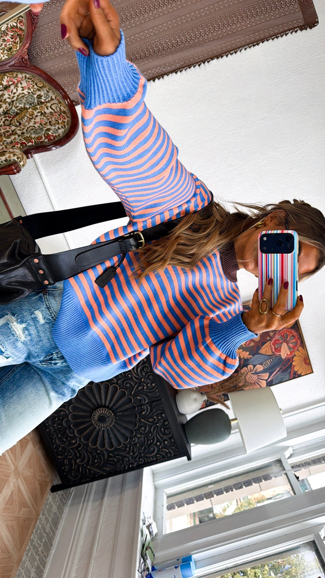 Round Neck Stripe Sweater, Blue/ Peach