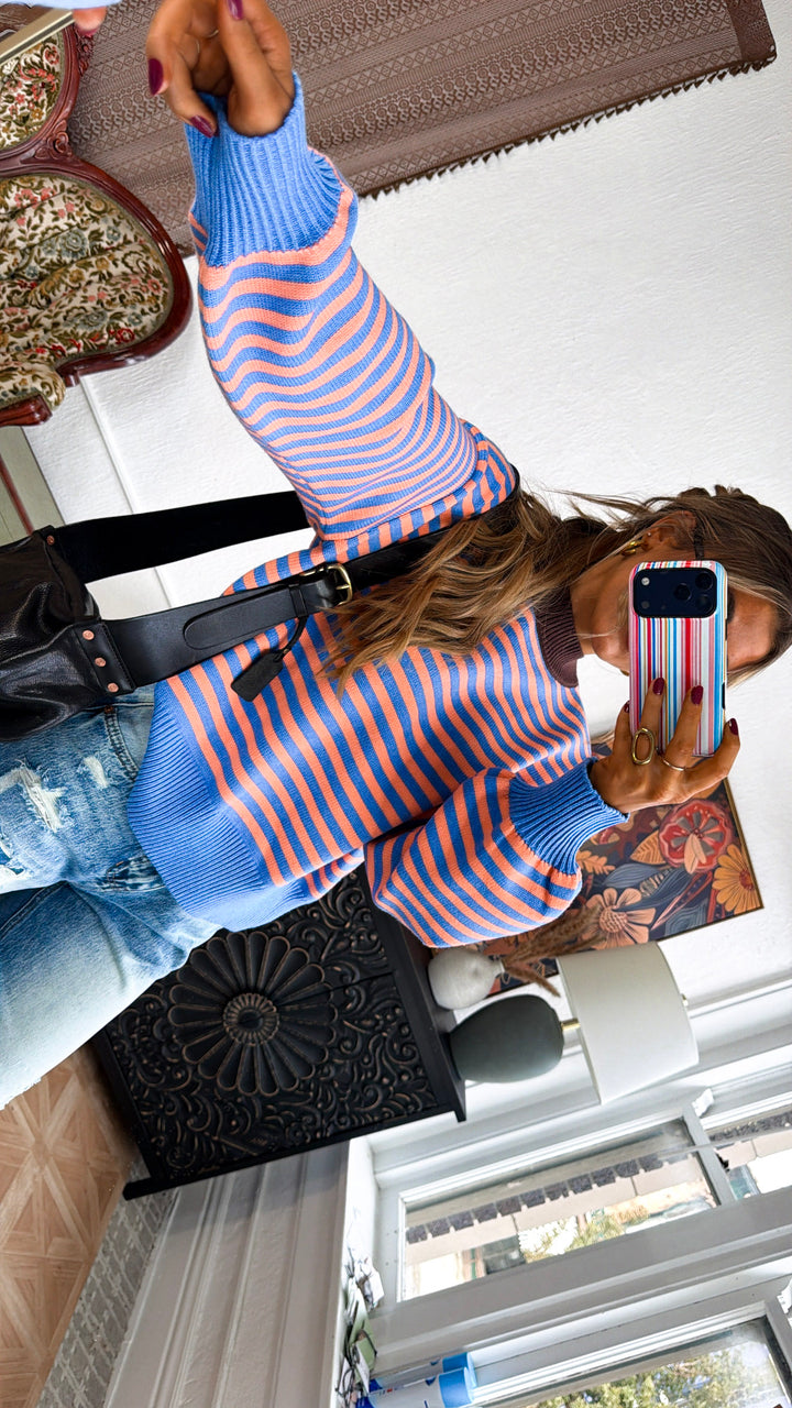 Round Neck Stripe Sweater, Blue/ Peach
