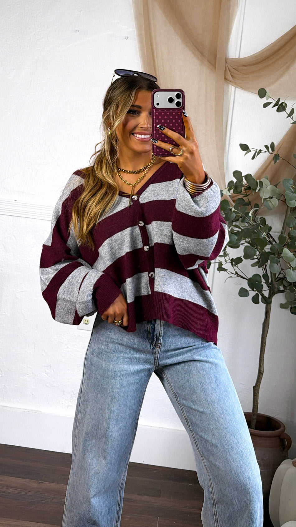 V-Neck Stripe Cardigan, Burgundy/ Grey