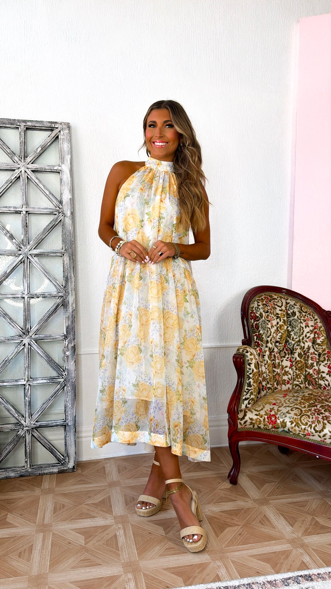 Happiest Year Floral Halter Dress, Ivory/Yellow
