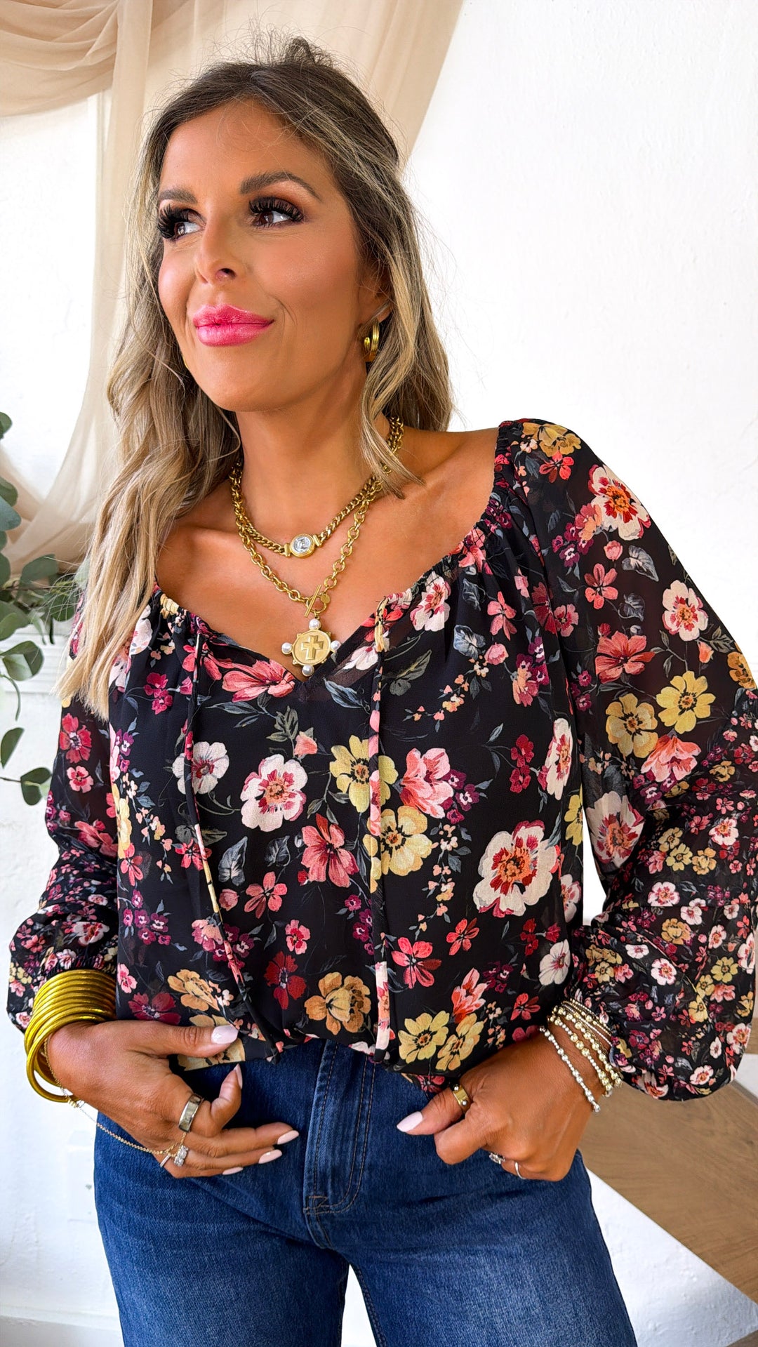 Beauty Floral Blouse, Black/Dusty Rose