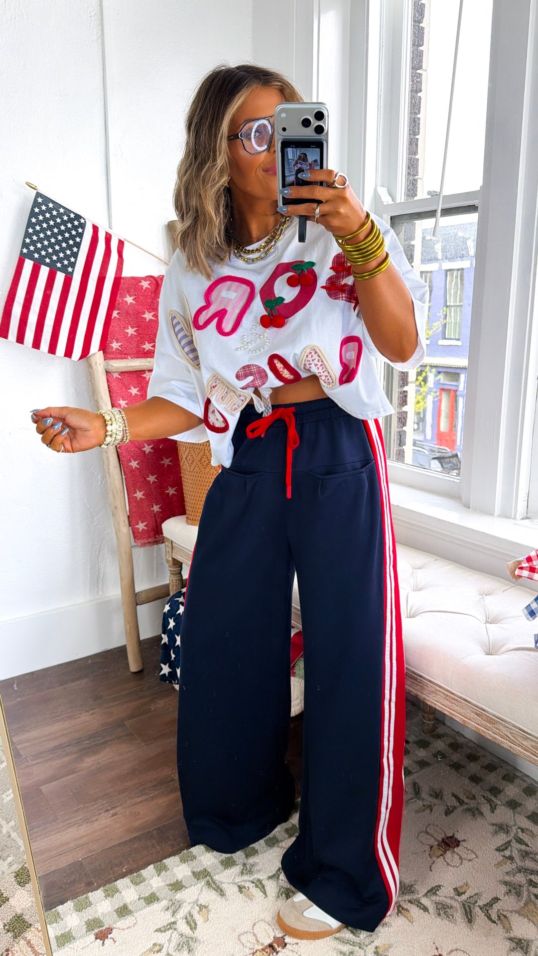 Red & White Stripe Track Pant, Navy
