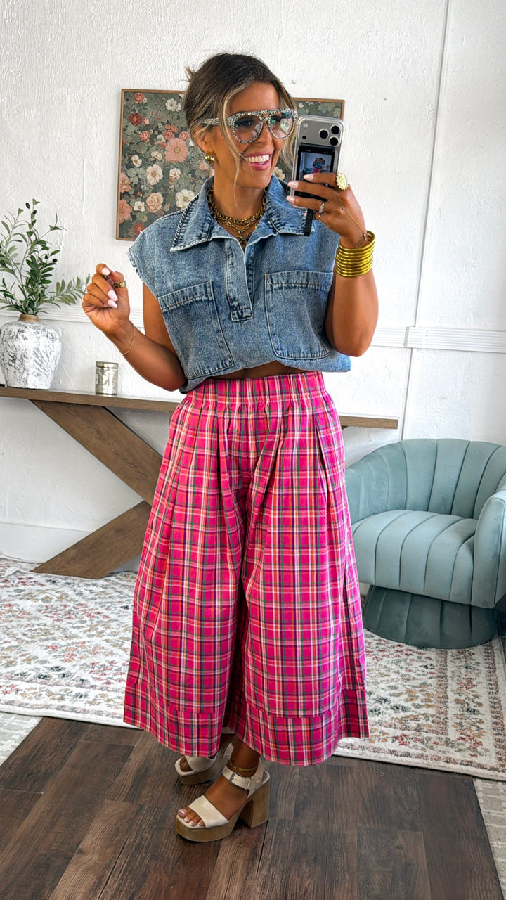 Locket Theme Plaid Pants, Fuchsia Combo