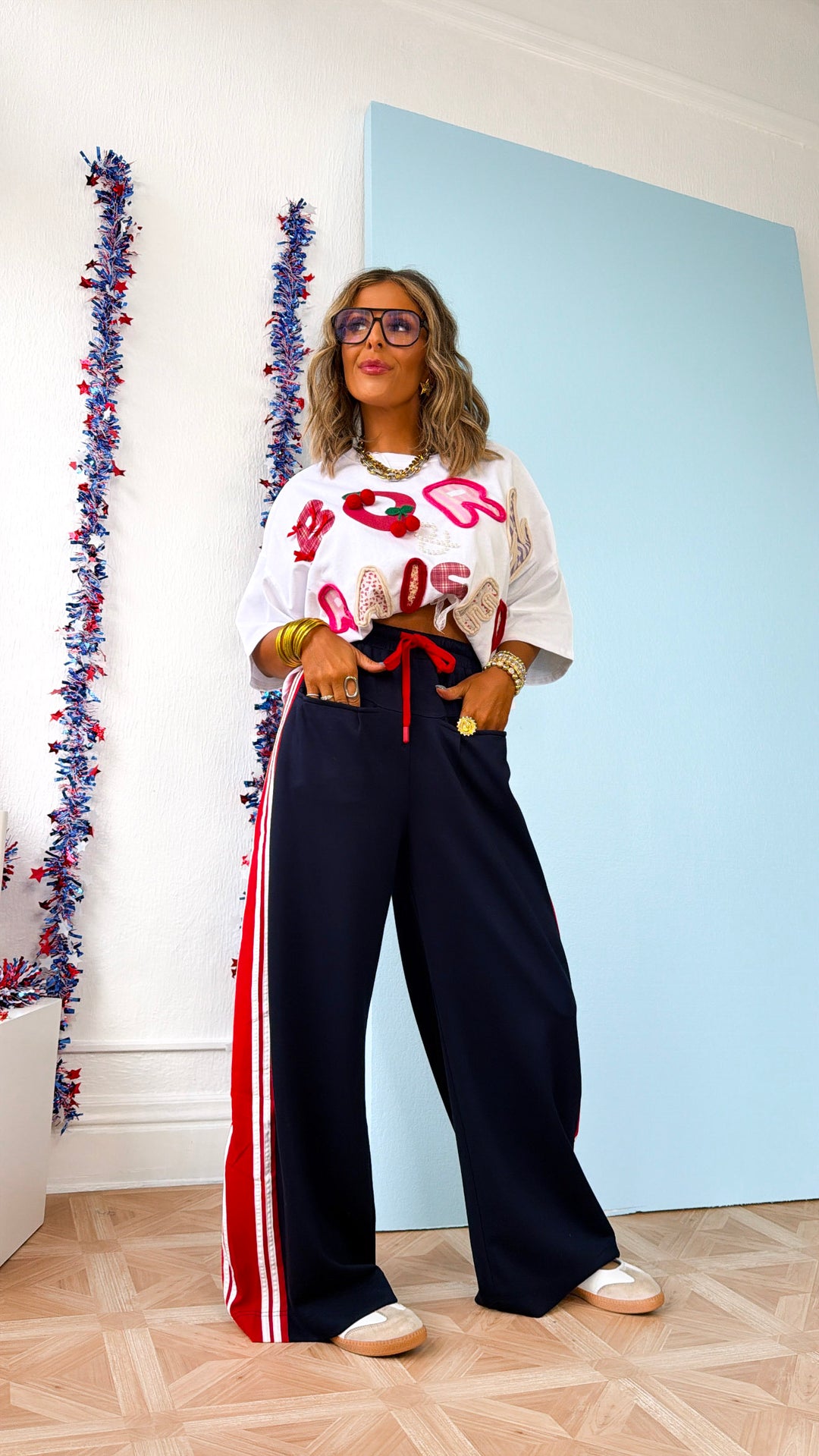 Red & White Stripe Track Pant, Navy
