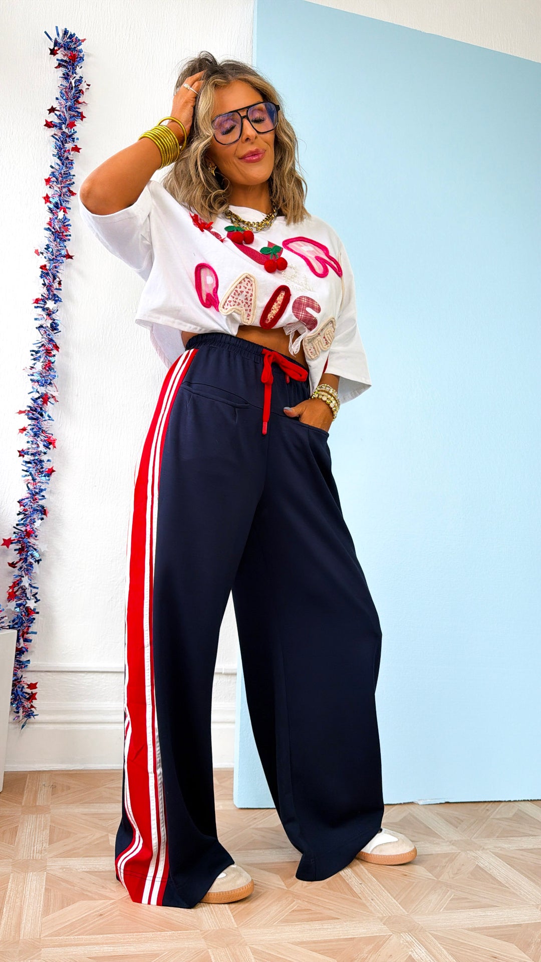 Red & White Stripe Track Pant, Navy