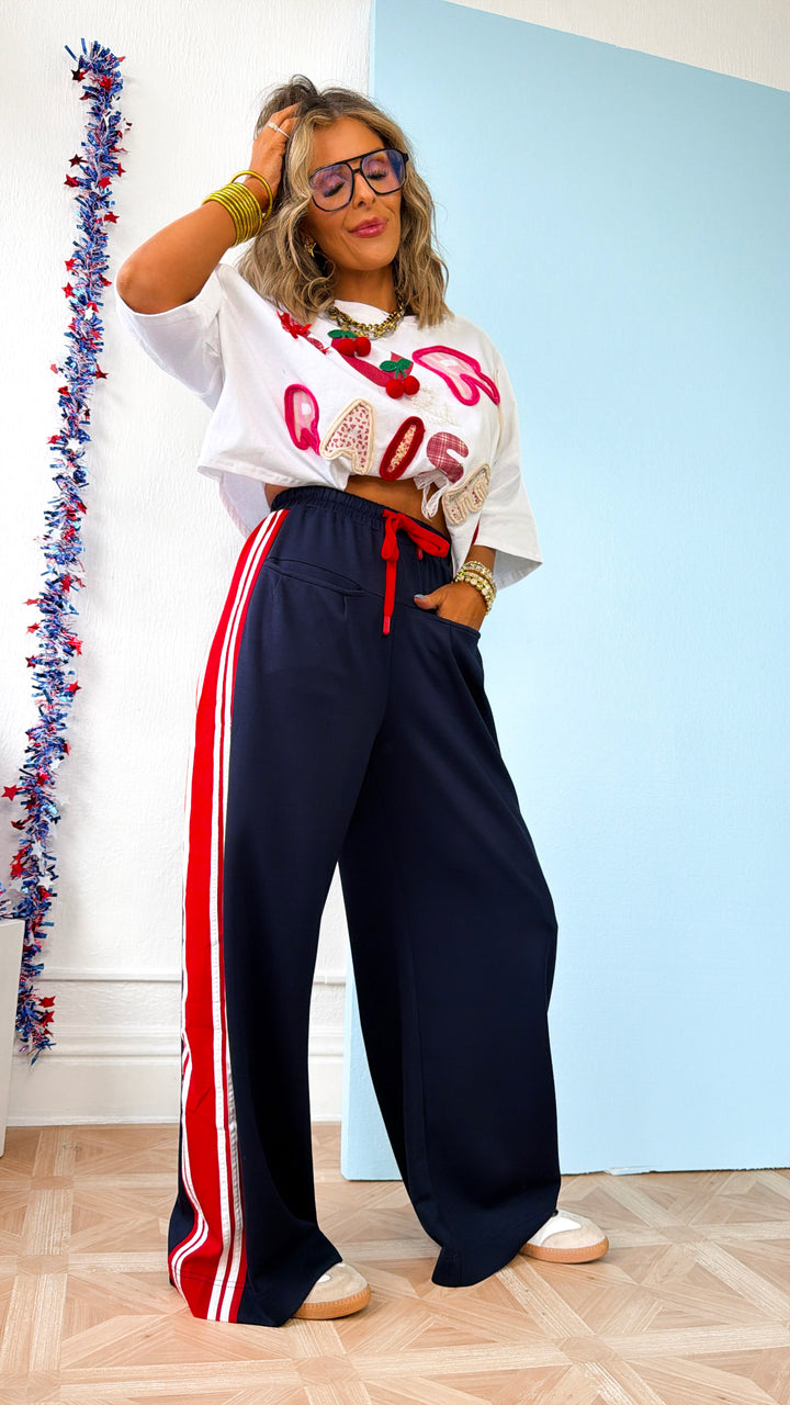 Red & White Stripe Track Pant, Navy