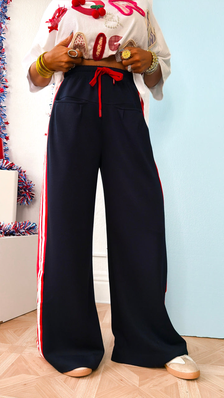 Red & White Stripe Track Pant, Navy