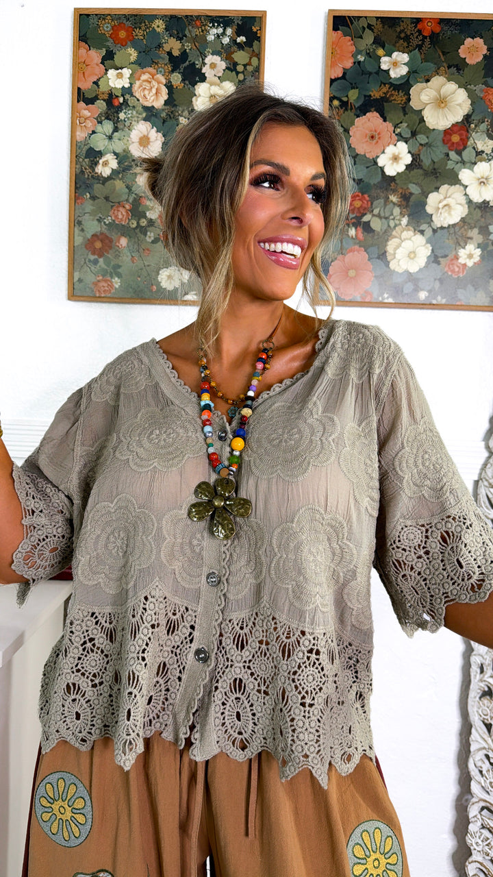 September Sun Button Up Top, Taupe