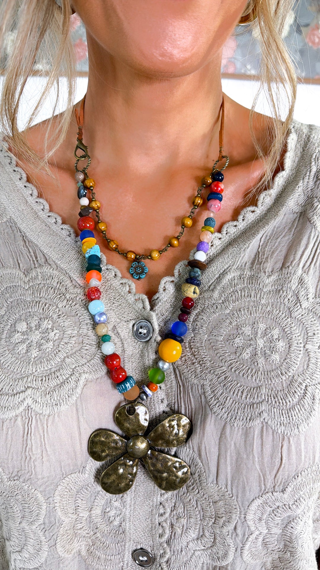 Fun in the Sun Flower Layered Leather Necklace