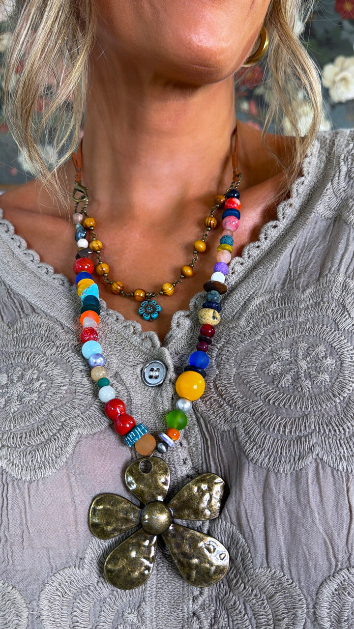 Fun in the Sun Flower Layered Leather Necklace