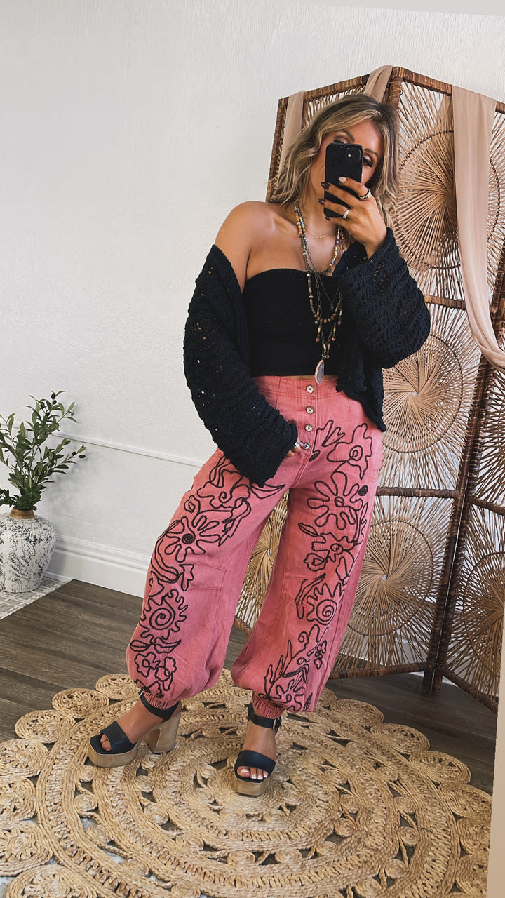 For The Love Of Floral Embroidered Denim Jogger, Dried Apple