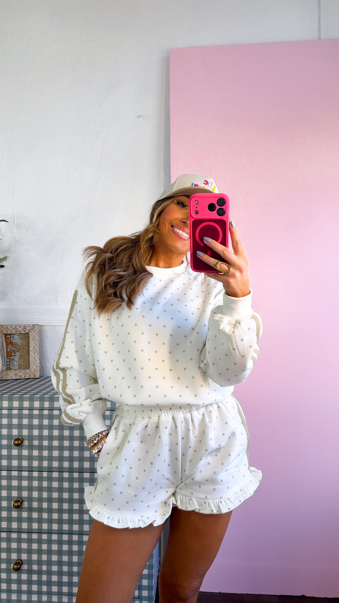 Polka Dot Two Piece Set, Cream/Taupe