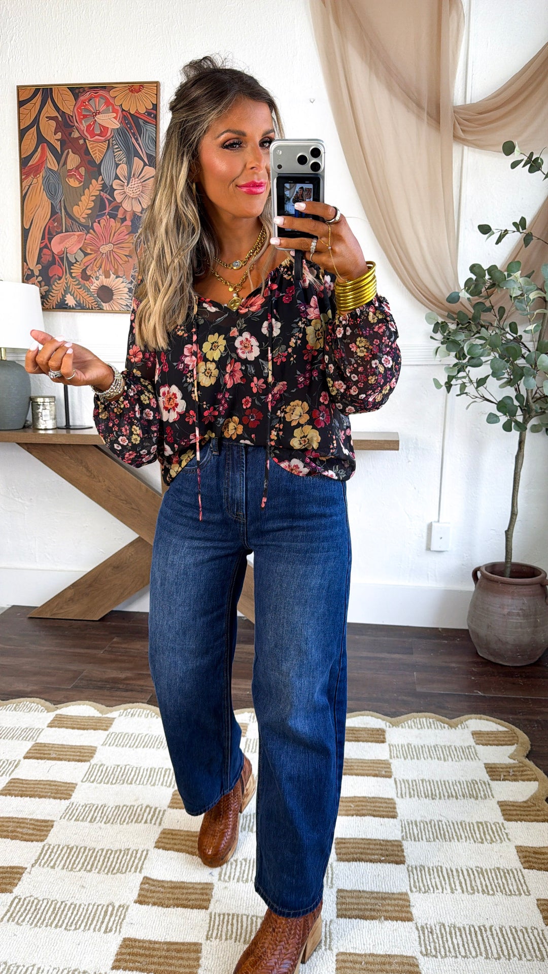Beauty Floral Blouse, Black/Dusty Rose
