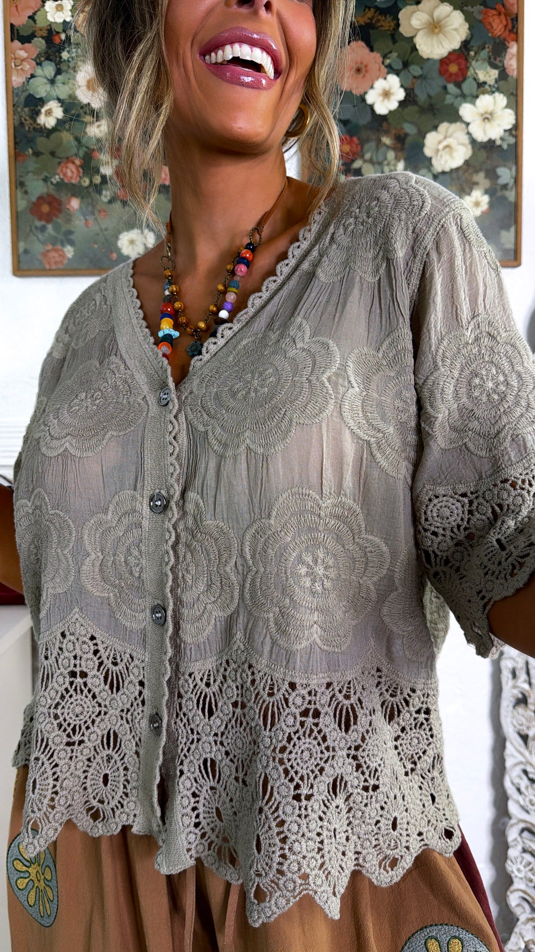 September Sun Button Up Top, Taupe