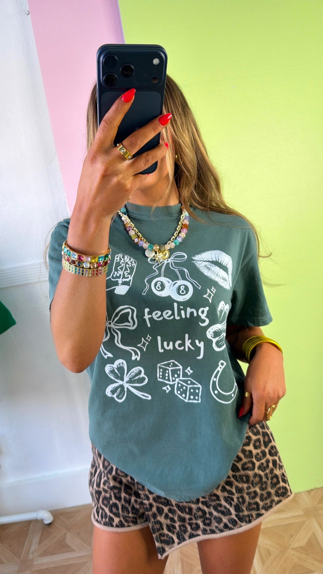 Feeling Lucky Patchwork Graphic Tee, Washed Green