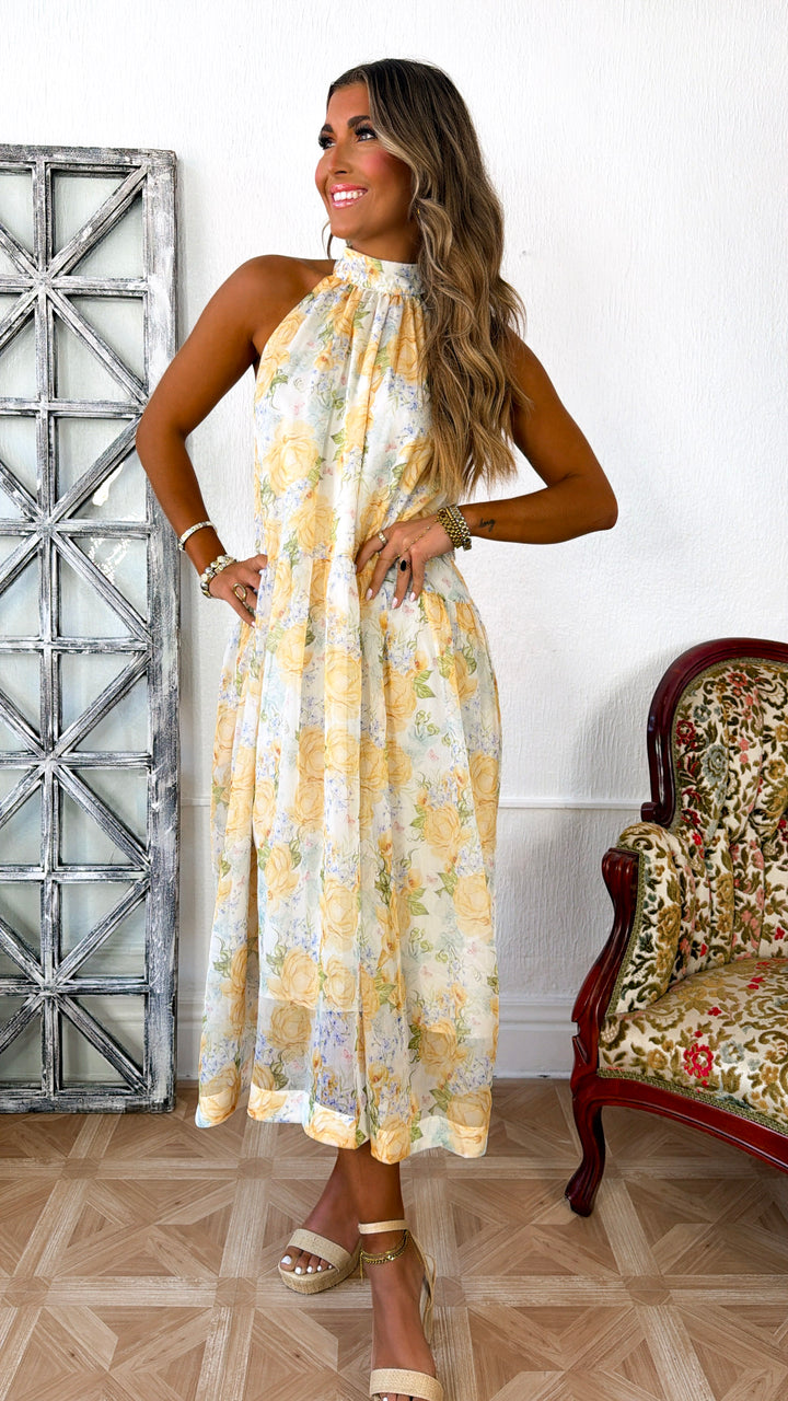 Happiest Year Floral Halter Dress, Ivory/Yellow