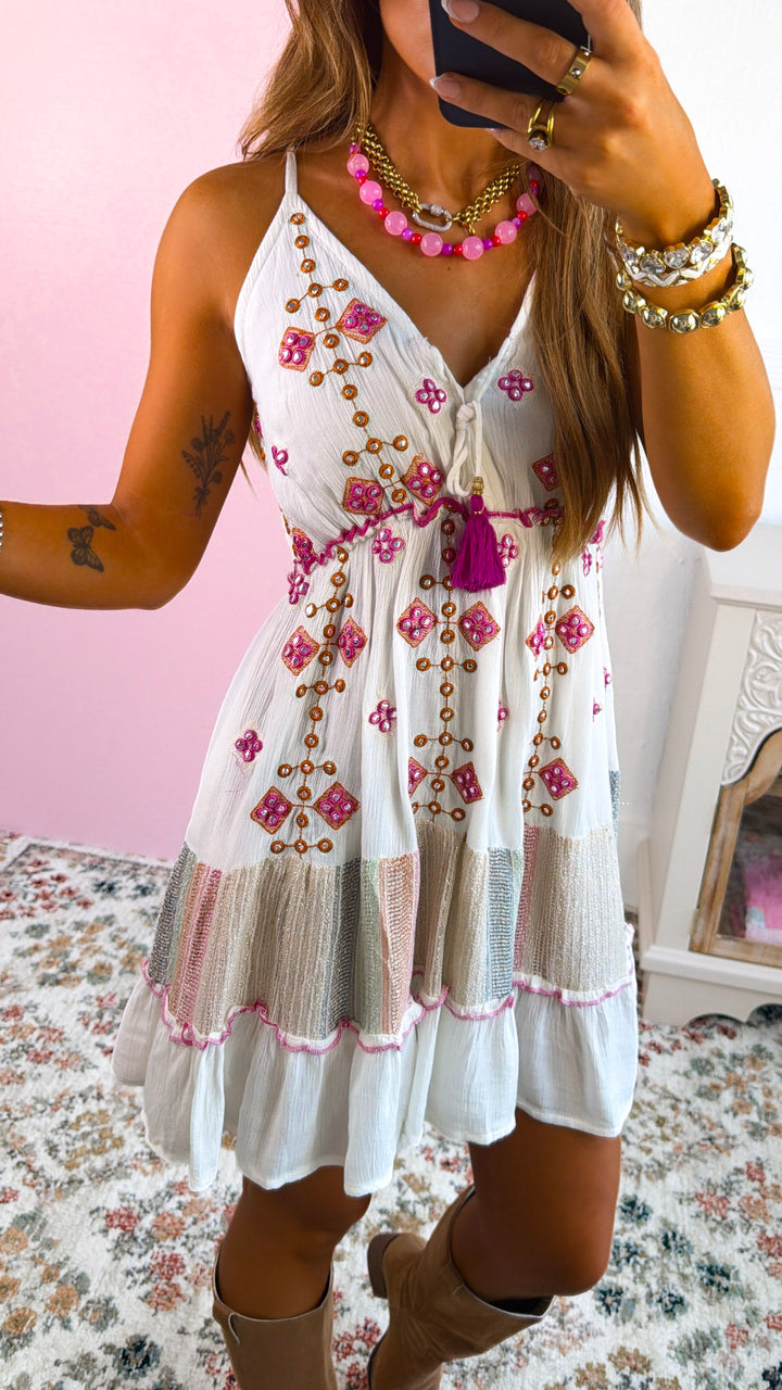 Golden Spring Mini Dress, Ivory