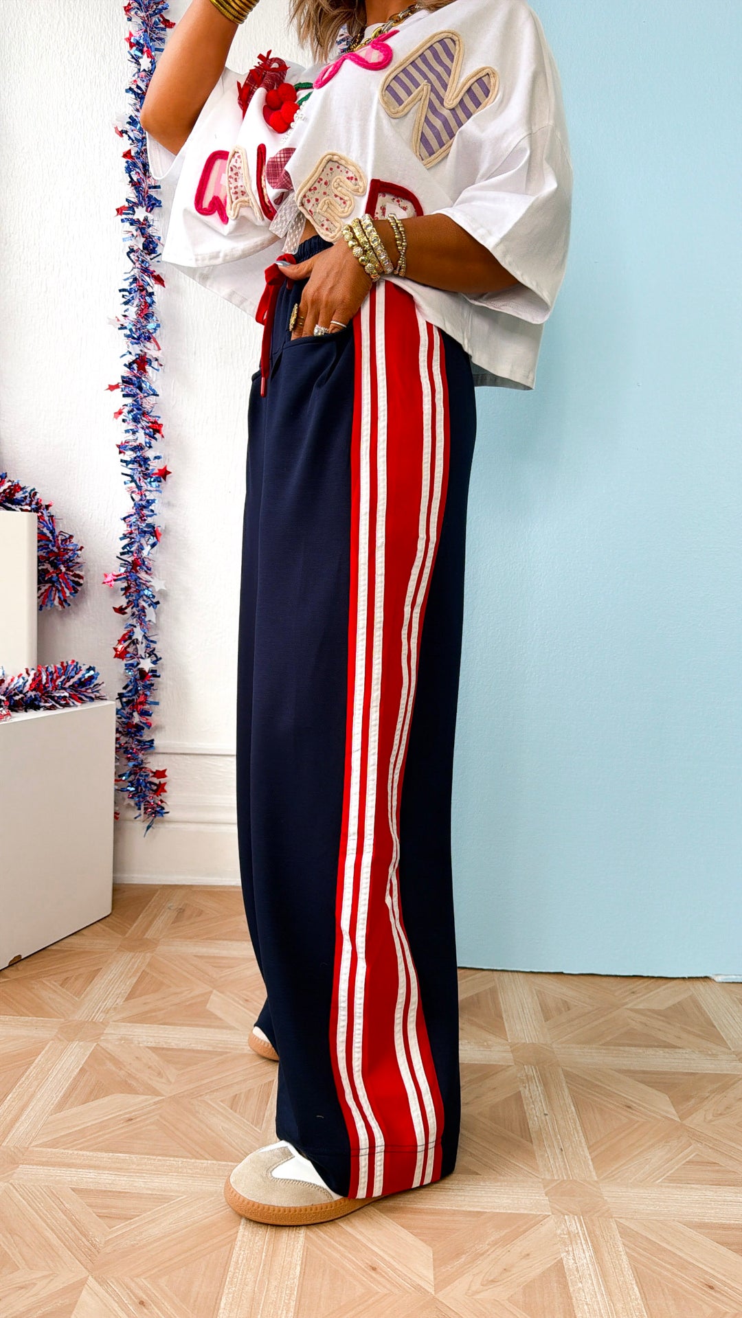 Red & White Stripe Track Pant, Navy