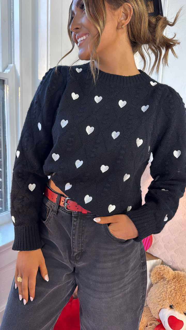 XOXO Heart Embroidered Pom Detailed Sweater, Black/Ivory