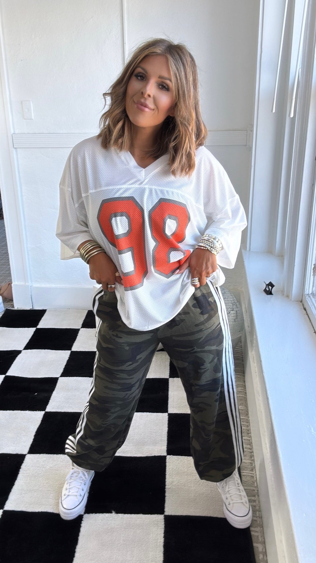 Bleacher Babe Jersey Top, White/ Orange