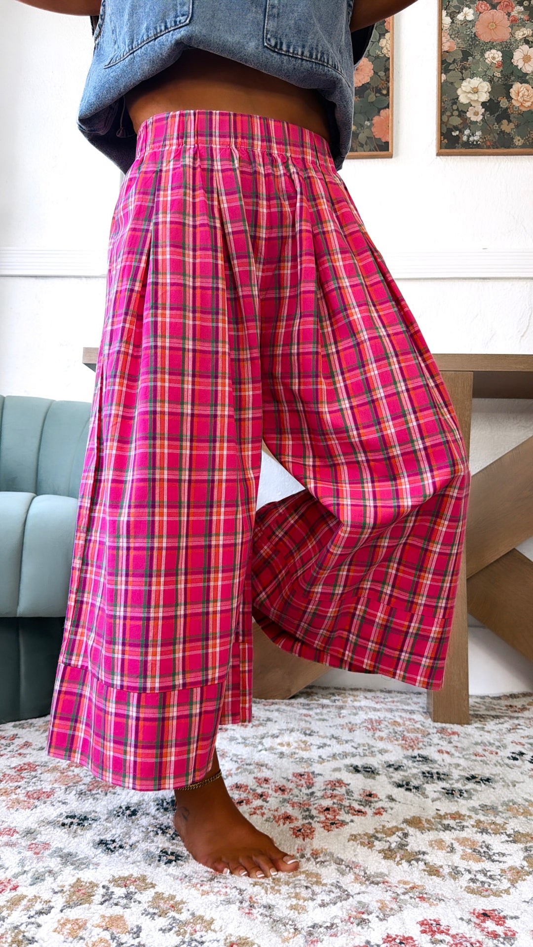 Locket Theme Plaid Pants, Fuchsia Combo