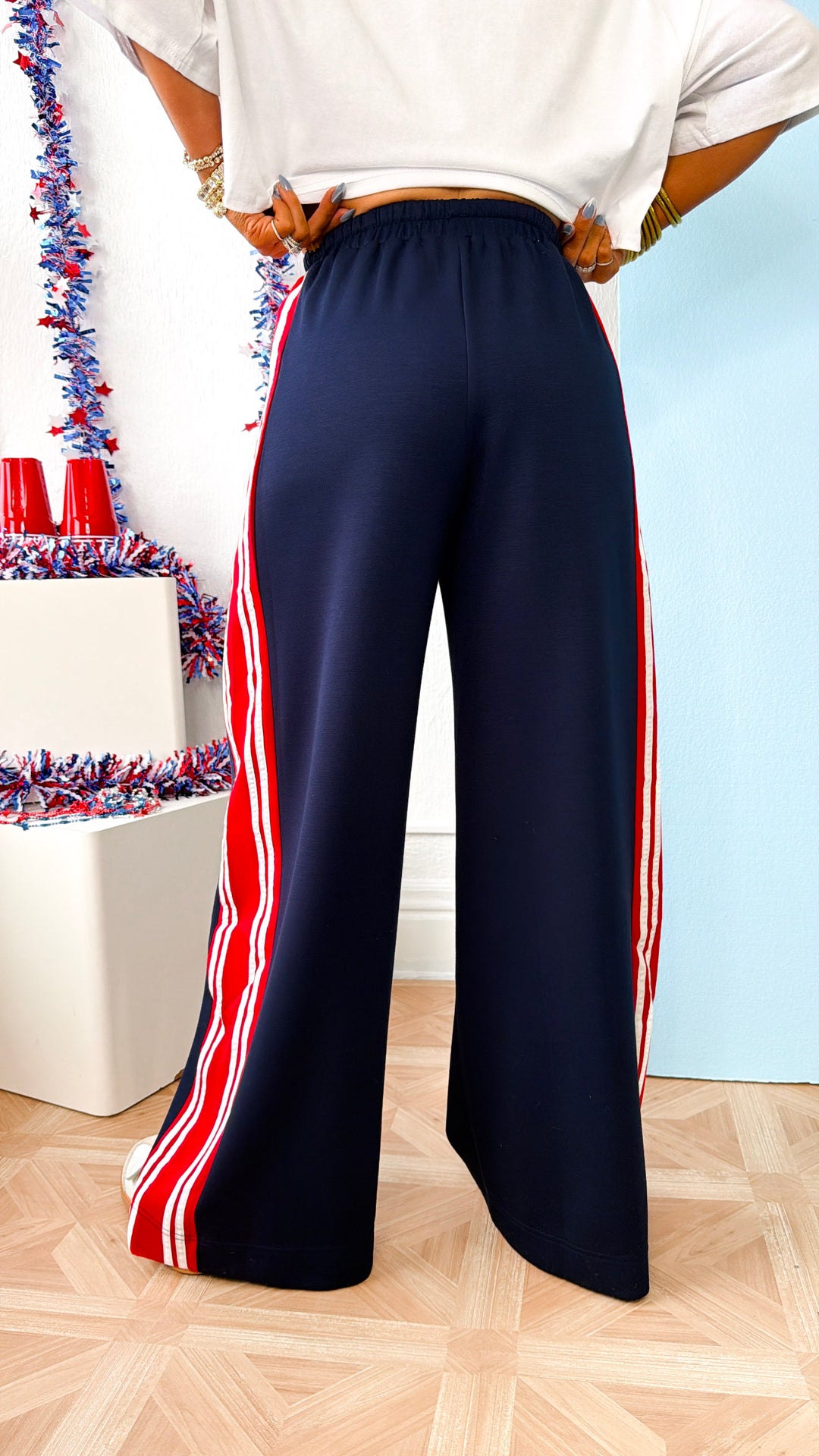 Red & White Stripe Track Pant, Navy
