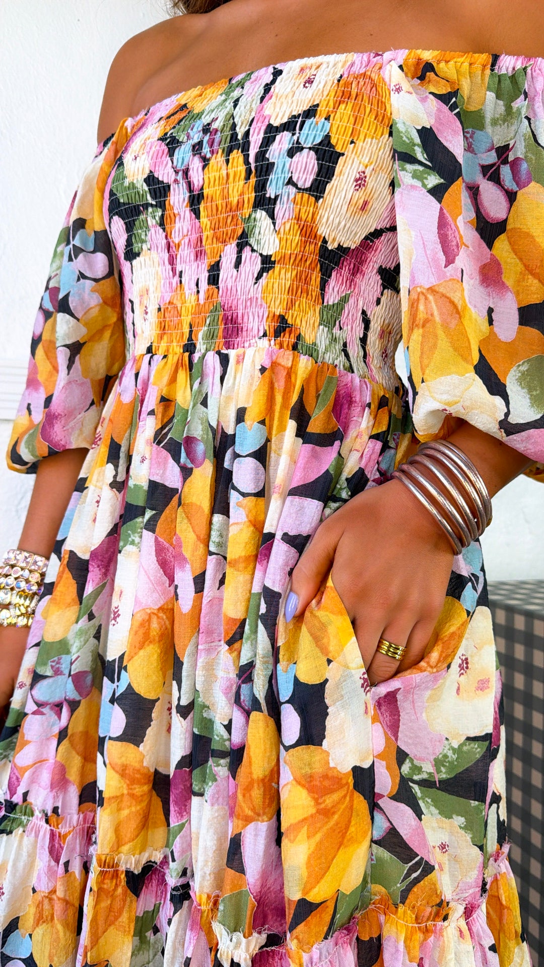 Havana Bloom Smocked Dress, Black Multi