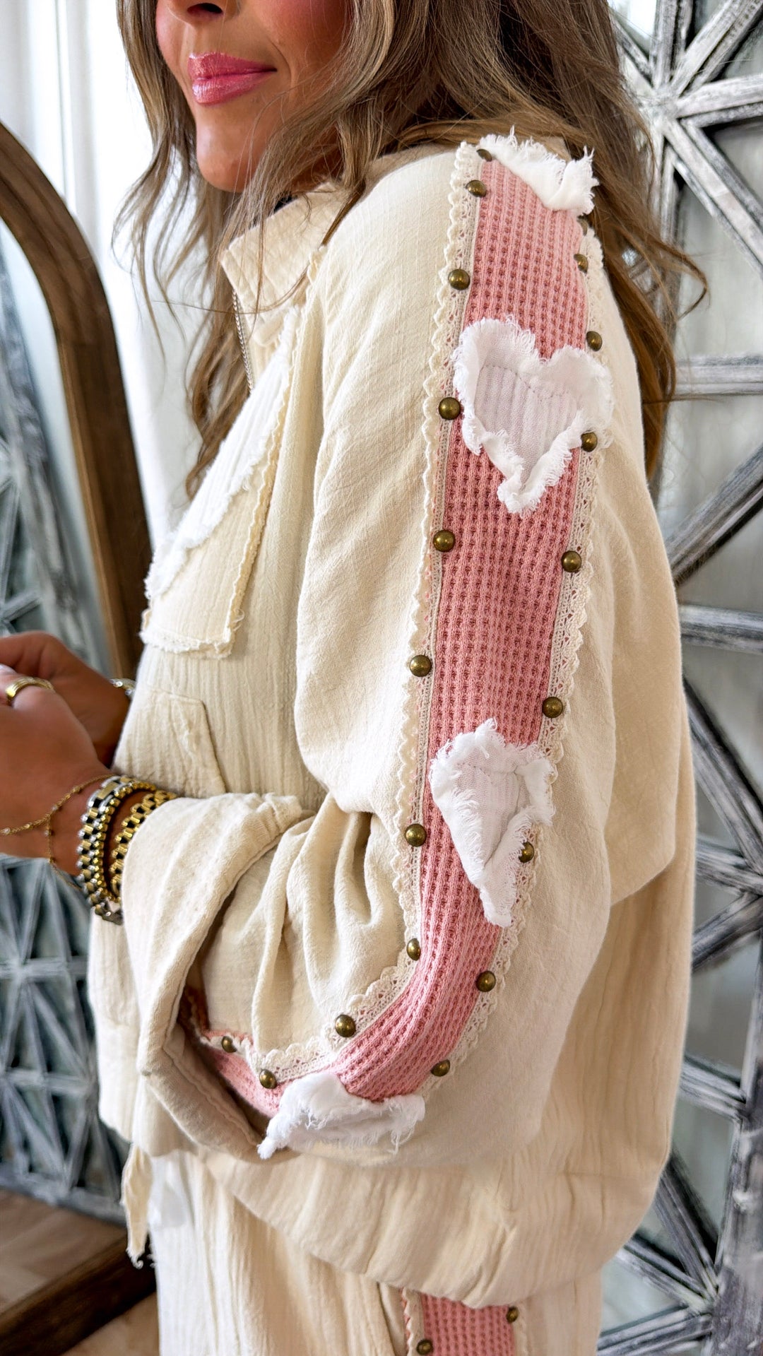 With Love Patch Zip Up, Natural/ Pink