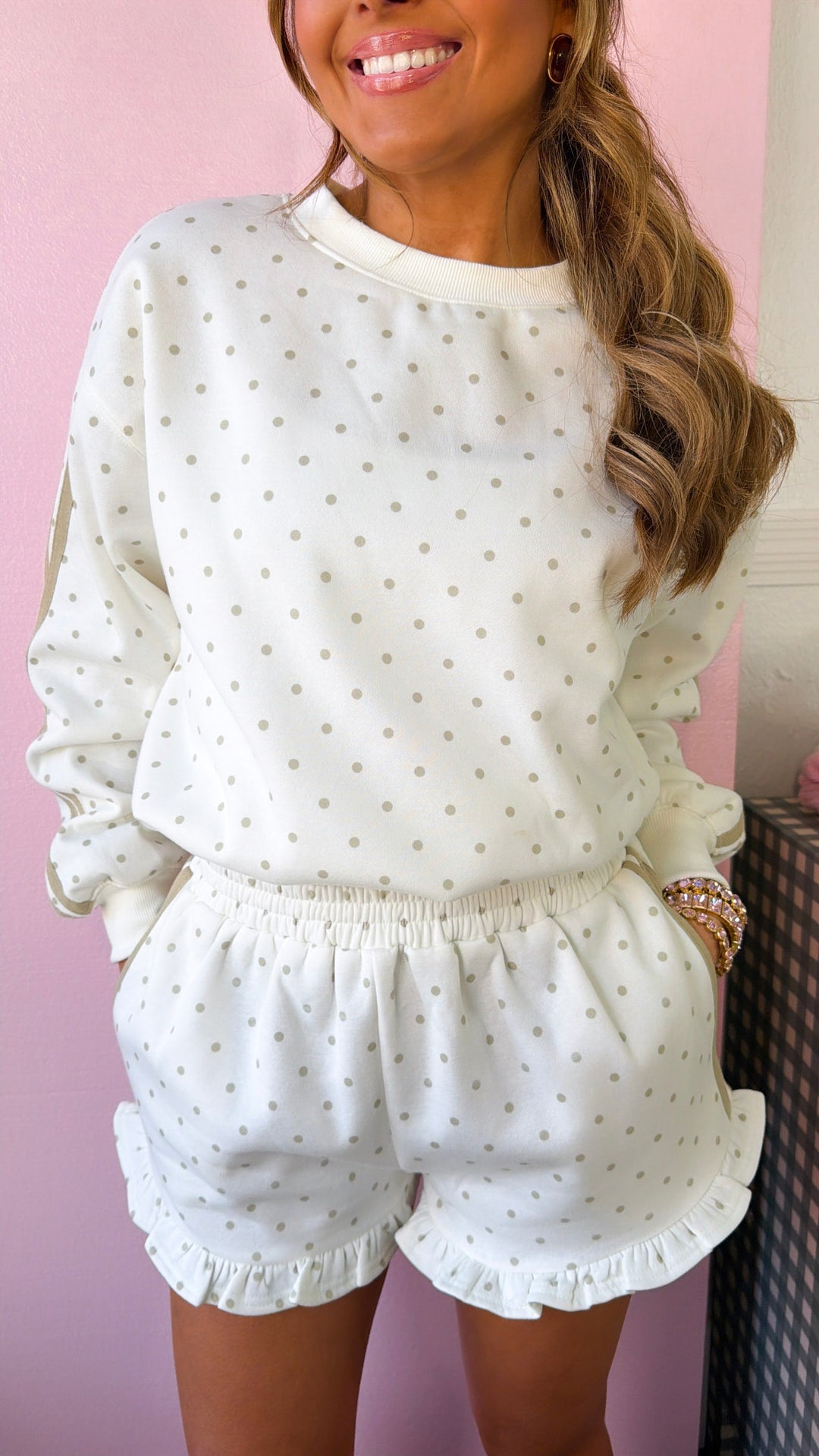 Polka Dot Two Piece Set, Cream/Taupe