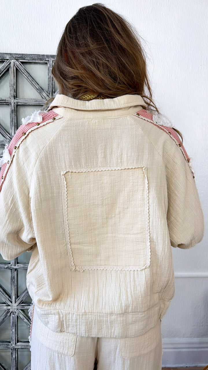 With Love Patch Zip Up, Natural/ Pink
