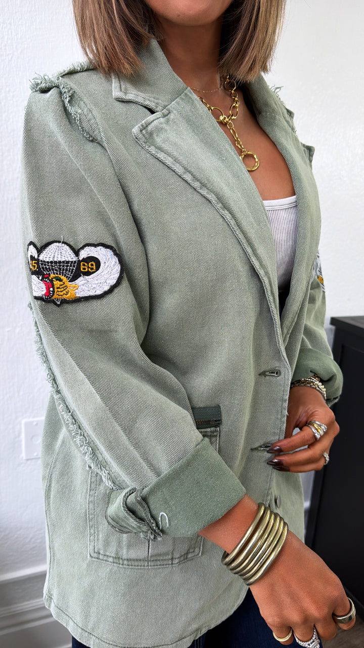 Vintage Patched Military Blazer, Powder Matcha