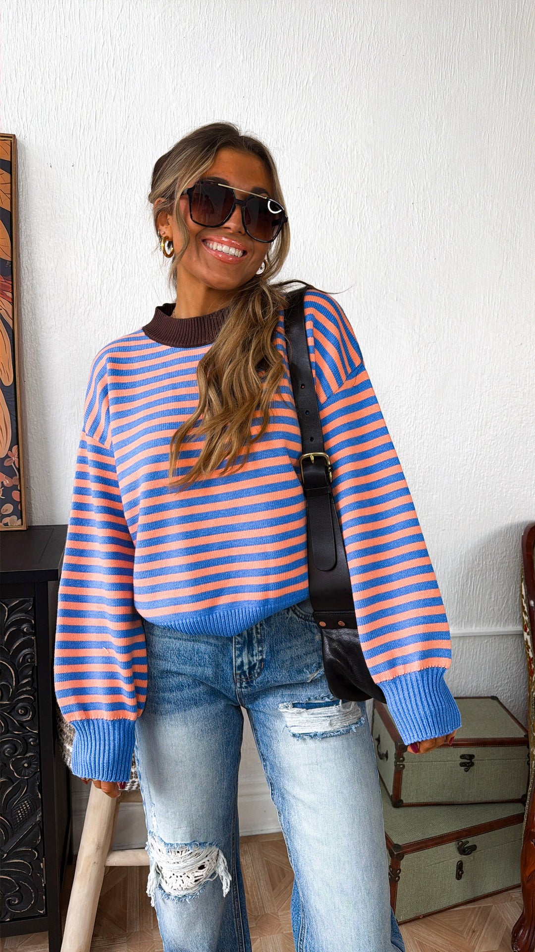 Round Neck Stripe Sweater, Blue/ Peach